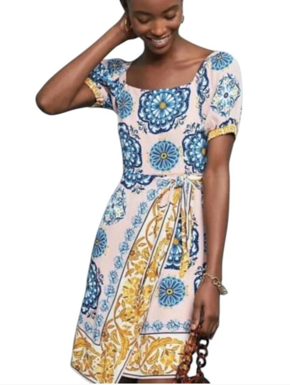 Anthropologie Maeve‎  Dress Faux Wrap Blue Cream Gold Medallion Floral